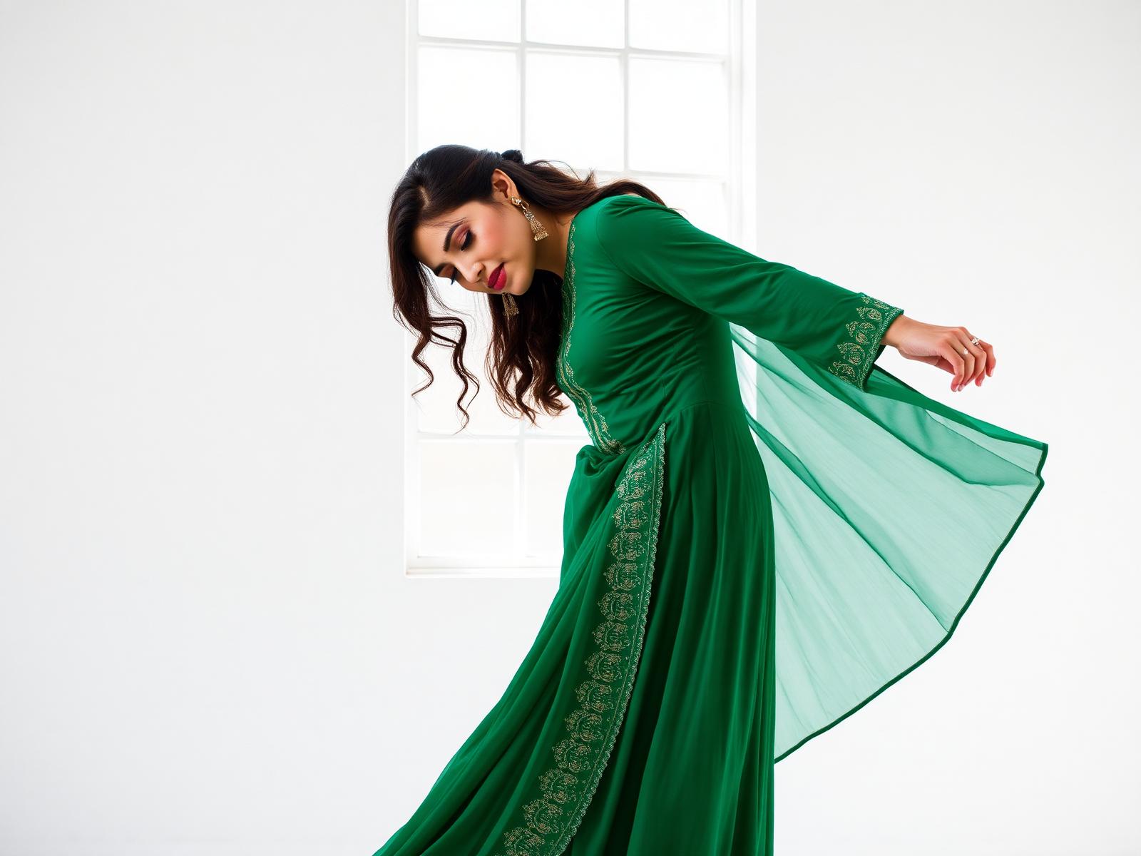 Editorial fashion shot of woman in emerald embroidered suit